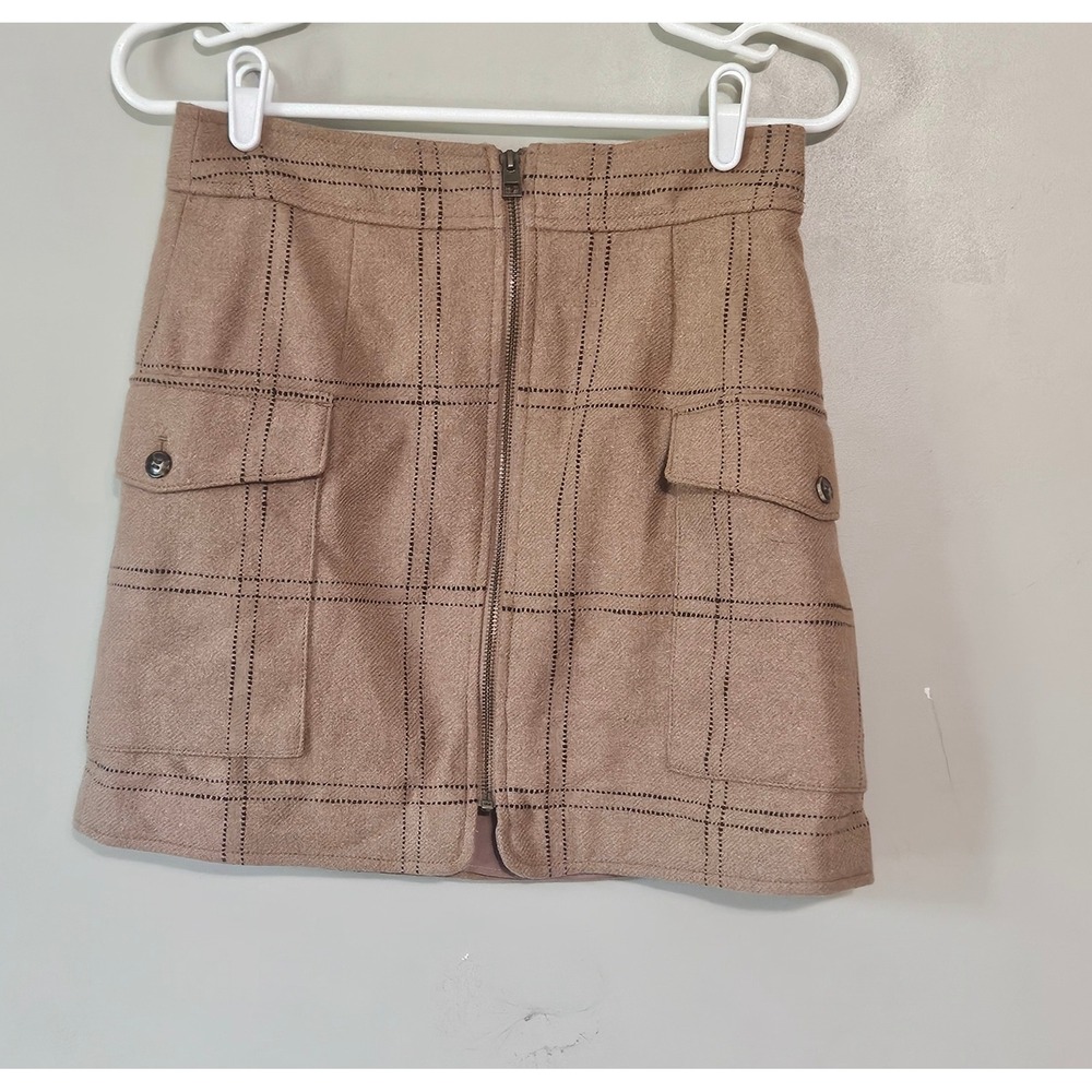 Madewell Wool Blend Plaid Mini Skirt Tan Brown Zip Front Cargo‎ Pockets Size 4